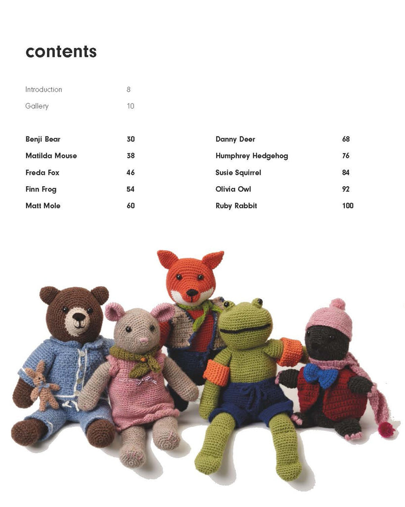Image of a book's table of contents. Photo of crocheted anmlas featured a bear, a mouse, a fox, a frog, and a mole. 