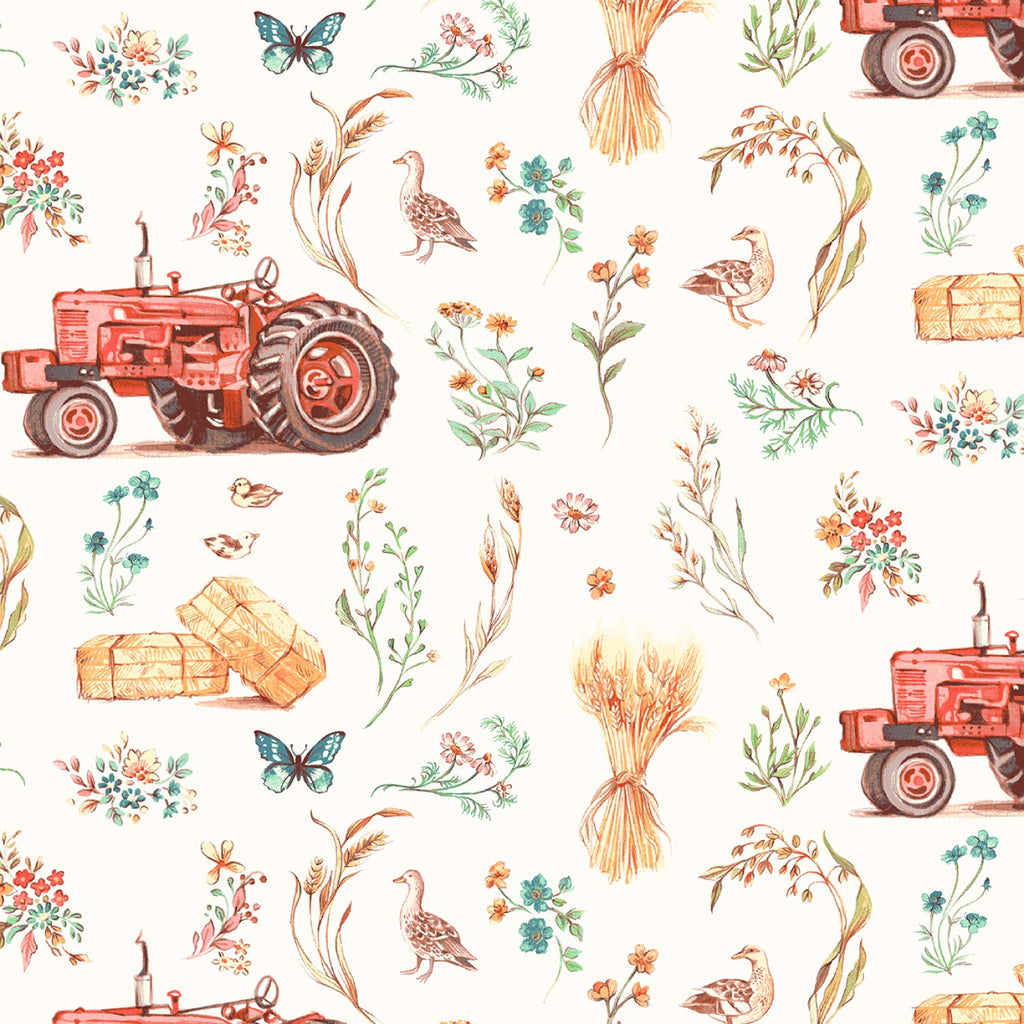 Illustrated tractors, wildflowers, hay bales, and farm animals on a cram background