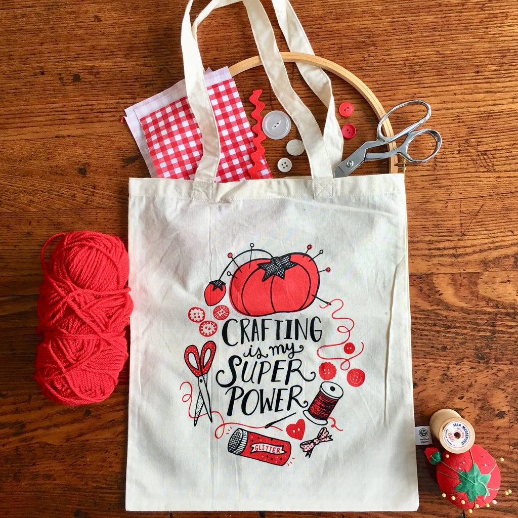 Canvas tote bag printed with a design reading "crafting is my super power"