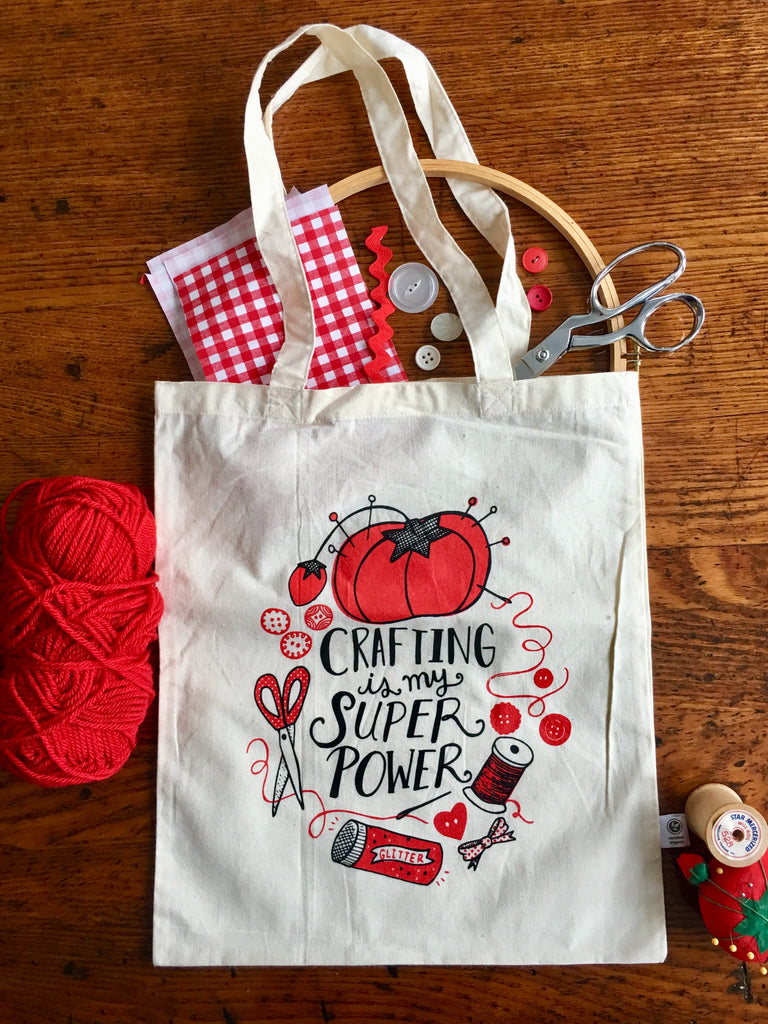 Canvas tote bag printed with a design reading "crafting is my super power"