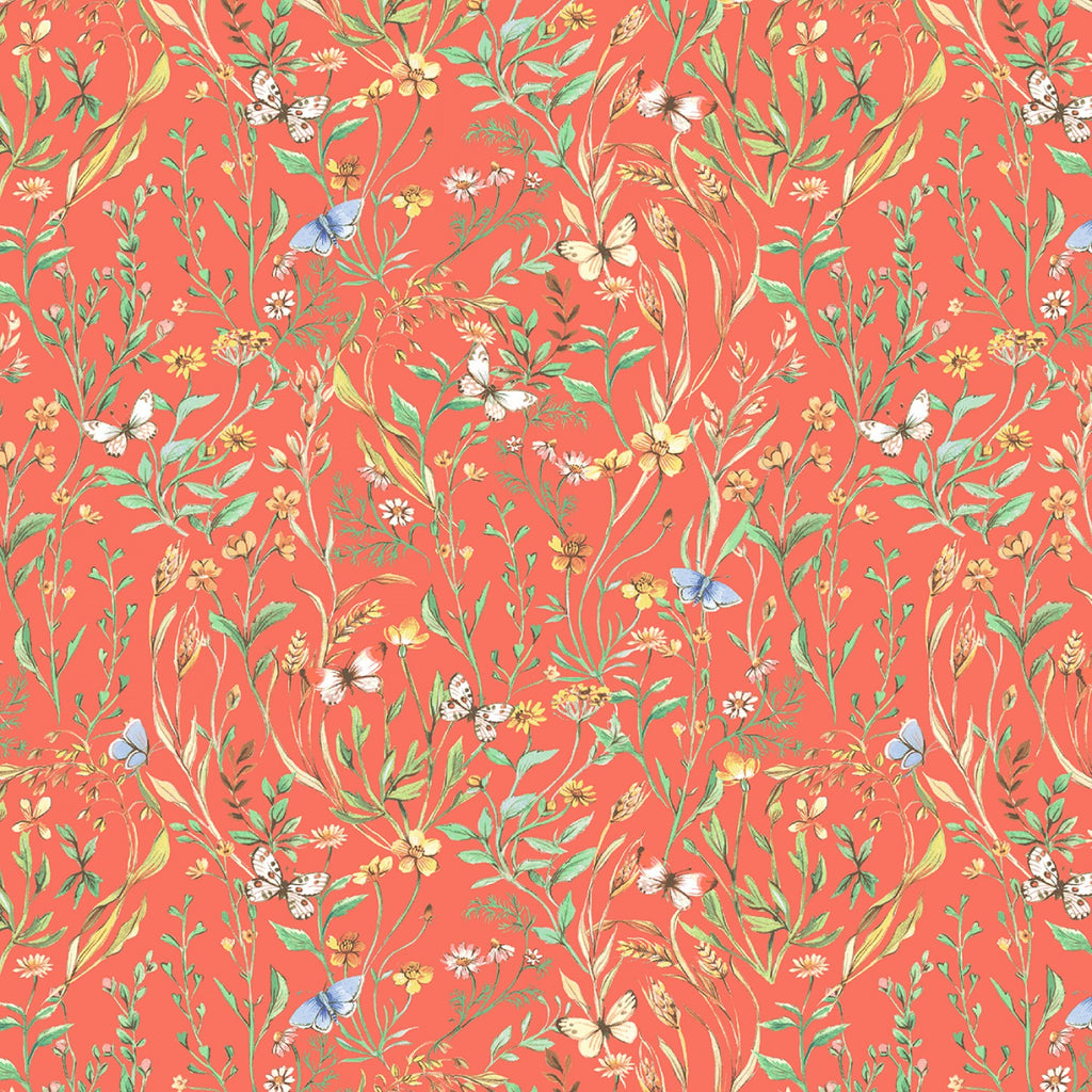 an illustrated wildflowers and butterfly pattern repeated over a soft red background