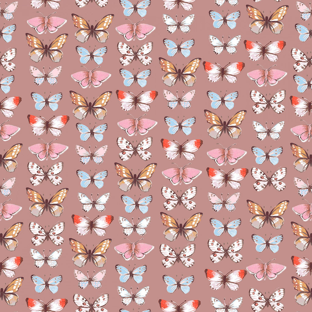 illustrated butterflies arranged in a grid over a mauve background