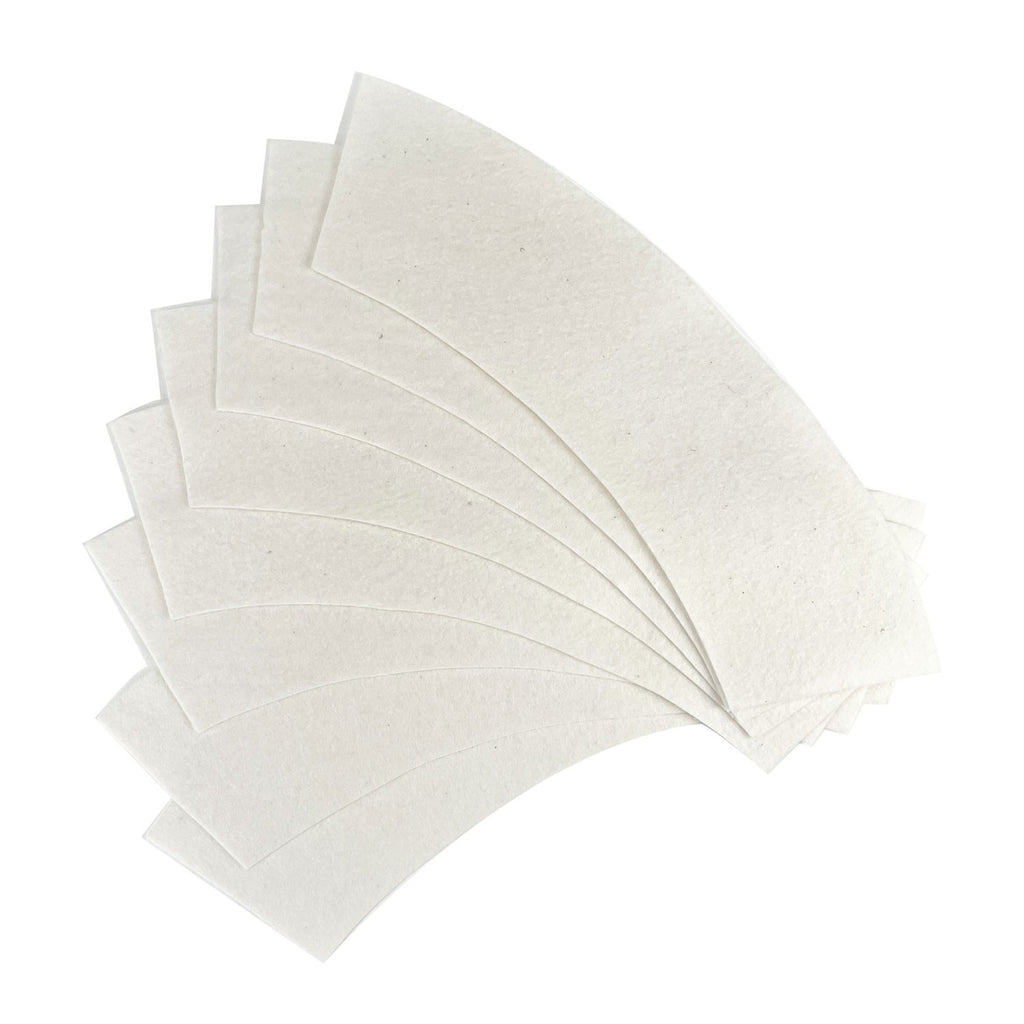 8 pre cut drink cozy batting pieces are fanned out on a white background. 
