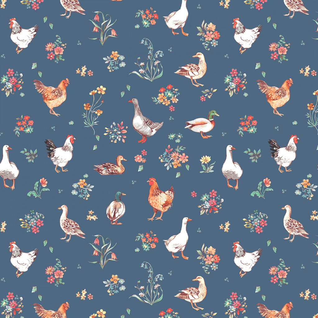 illustrated farm fowl repeated over a blue background