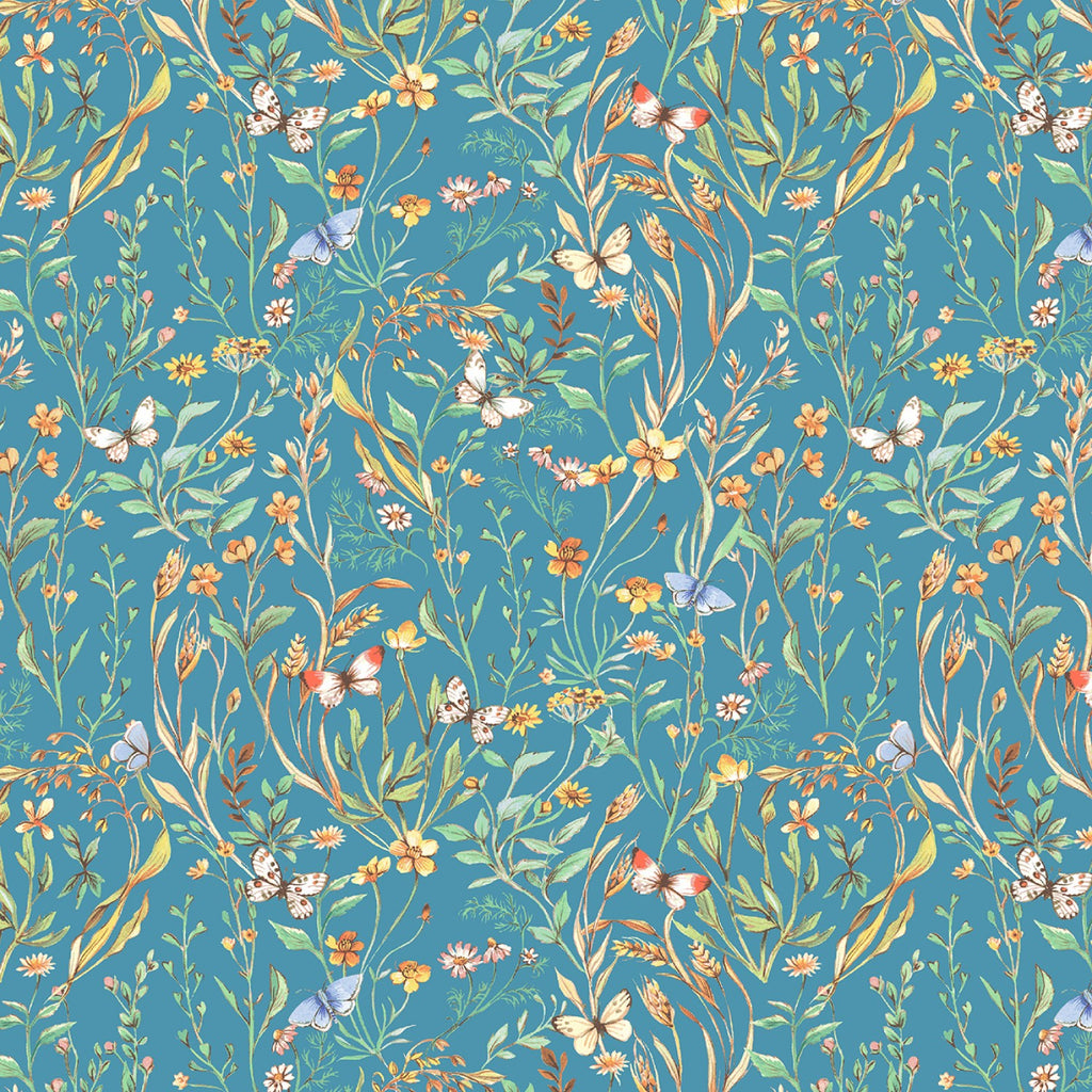 Illustrated wildflowers and butterflies repeated over a teal background