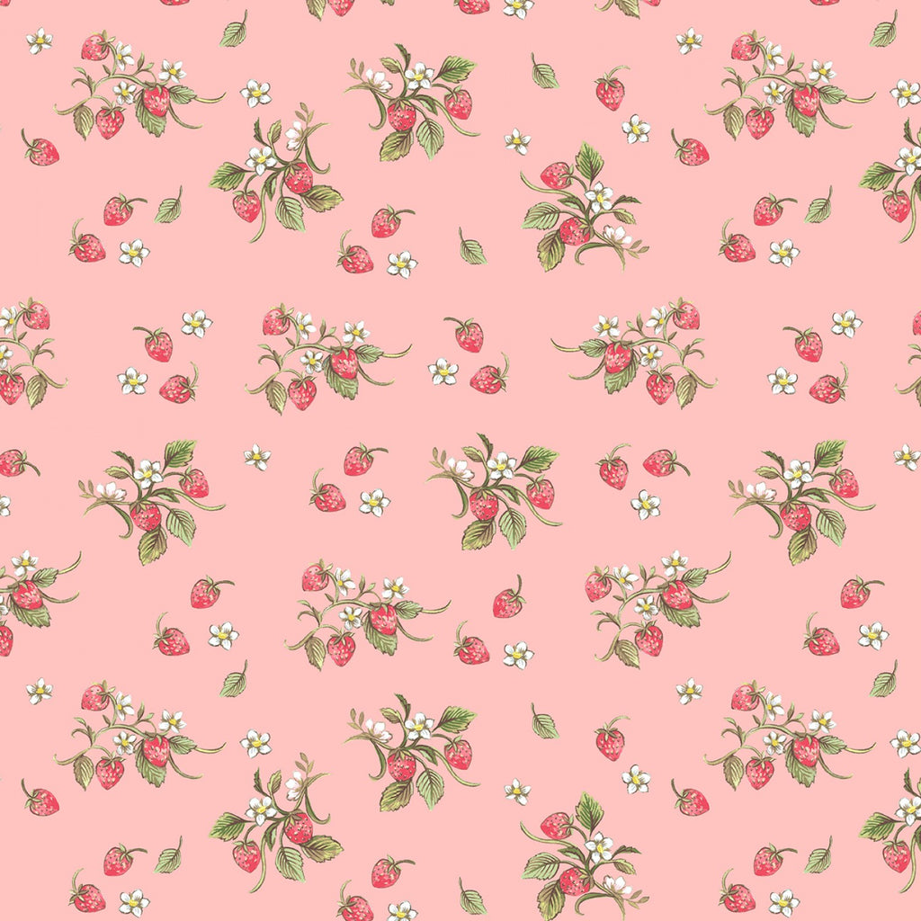 Illustrated strawberries repeated over a soft pink background