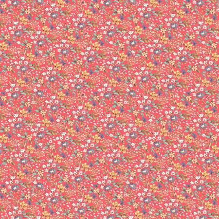 Cottage style ditsy florals repeated over a soft red background