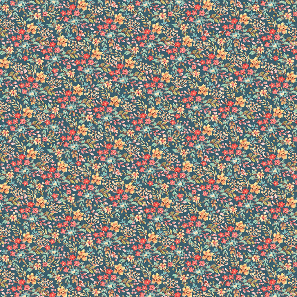 A cottage style ditsy floral repeated over a teal background